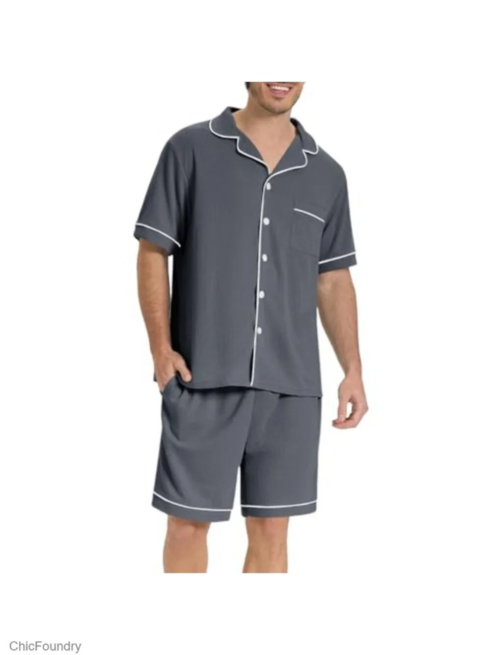 Mens Pajama Set Short Sleeve Waffle Knit Lounge Set with Pockets